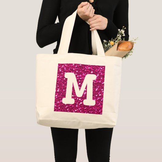 Hot Pink Sparkly Faux Glitter Kijk Monogram Grote Tote Bag (Voorkant (product))