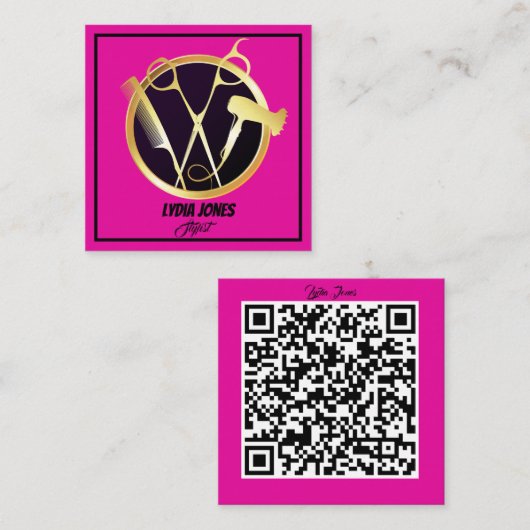 Hot Pink Square Stylist Custom Logo met QR-code Vierkante Visitekaartje (Voorkant / Achterkant)
