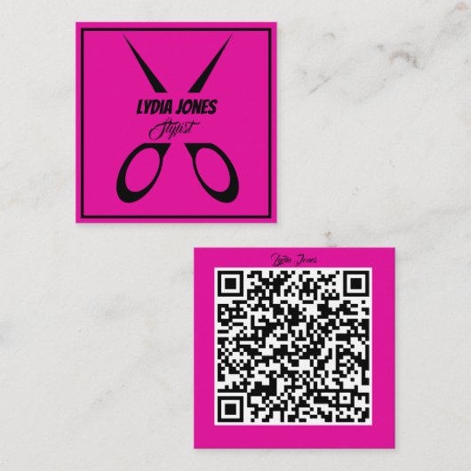 Hot Pink Square Stylist Visitekaartje met QR-code (Voorkant / Achterkant)