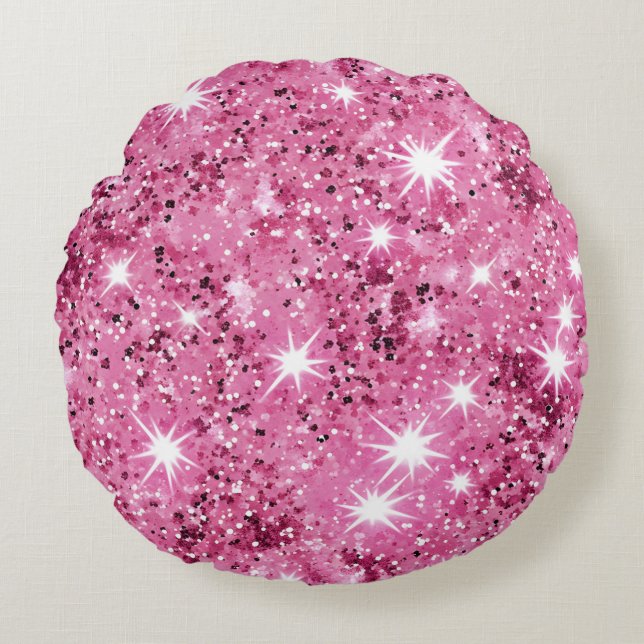 Hot Pink Stars Sequin Glitter Rond Kussen (Voorkant)