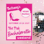 Hot Pink Stiletto Hakken Bachelorette uitnodiging<br><div class="desc">Deze Hot Pink Bachelorette uitnodiging met stiletto hakken is perfect voor een strand weekend uitje gericht op nachtclubs en dansen in Las Vegas of elke bestemming met een leuke club scene voor de bruid en haar beste om te vieren. Meerdere tinten roze en echt leuke meisjesachtige belettering hebben een retro...</div>