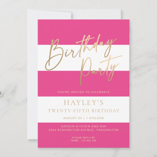 Hot Pink Stripe Goud Verjaardag Kaart (Voorkant)