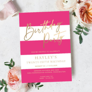 Hot Pink Stripe Verjaardag Folie Invitation Folie Uitnodiging