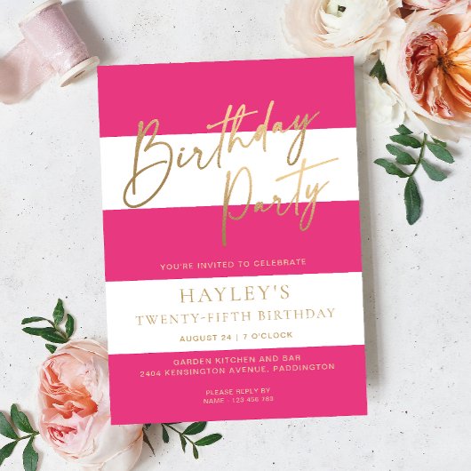 Hot Pink Stripe Verjaardag Folie Invitation Uitnodiging