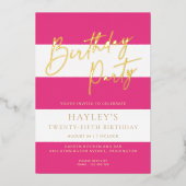 Hot Pink Stripe Verjaardag Folie Invitation Uitnodiging (Voorkant)