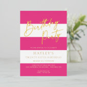 Hot Pink Stripe Verjaardag Folie Invitation Uitnodiging (Staand Voorkant)