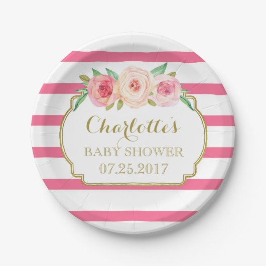 Hot Pink Stripes Gold Floral Baby shower Bord (Voorkant)