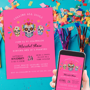 Hot Pink Sugar Skulls Dag van de Dode Verjaardag Kaart