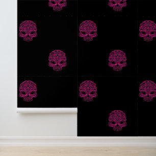 Hot Pink Sugar Skulls op Solid Black Behang