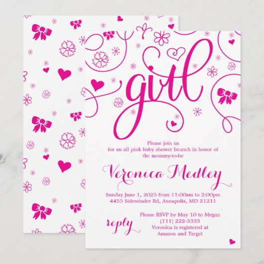 Hot Pink Super Girly Baby shower Uitnodiging (Voorkant / Achterkant)