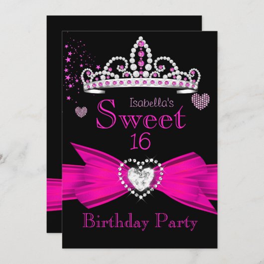 Hot Pink Sweet 16 Birthday Diamond Tiara 2 Kaart (Voorkant / Achterkant)