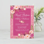Hot Pink Sweet 16 Birthday Floral Glitter Kaart (Staand voorkant)