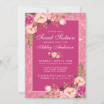 Hot Pink Sweet 16 Birthday Floral Glitter Kaart<br><div class="desc">Waterverf Roze bloesem en roze Glitter Hot Pink Sweet Sixteen Aannodiging Kaart op zaterdag</div>