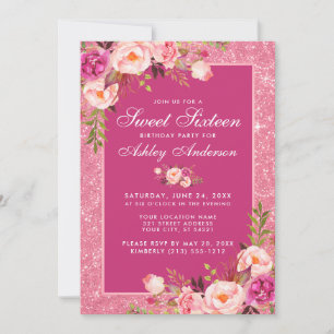 Hot Pink Sweet 16 Birthday Floral Glitter Kaart