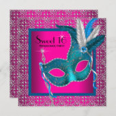 Hot Pink Sweet 16 Masquerade Party Kaart (Voorkant / Achterkant)