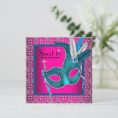 Hot Pink Sweet 16 Masquerade Party Kaart (Staand voorkant)