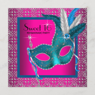 Hot Pink Sweet 16 Masquerade Party Kaart
