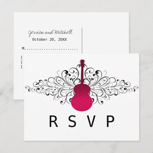Hot Pink Swirls Guitar RSVP Briefkaart (Voorkant / Achterkant)