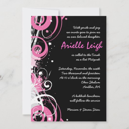 HOT PINK SWIRLS & STARS Bat Mitzvah Invitation Kaart (Voorkant)