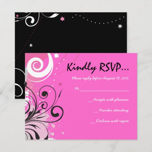 HOT PINK SWIRLS & STARS Bat Mitzvah Reply Card RSVP Kaartje (Voorkant / Achterkant)