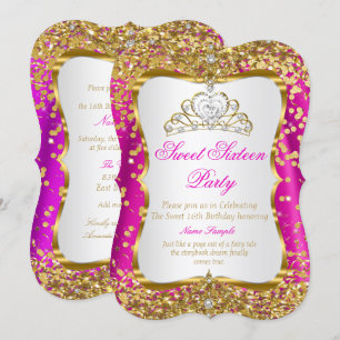Hot Pink Tiara Princess Sweet 16 Gold White Invite Kaart