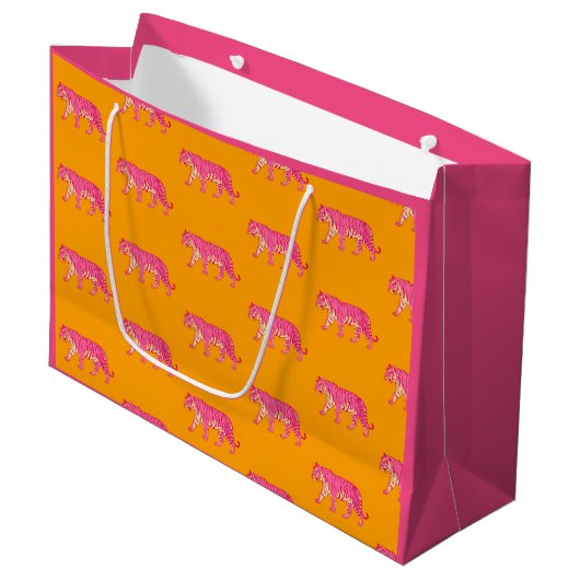 Hot Pink Tiger op vet Sinaasappel Boho Pattern Groot Cadeauzakje (Voorkant Gekanteld)