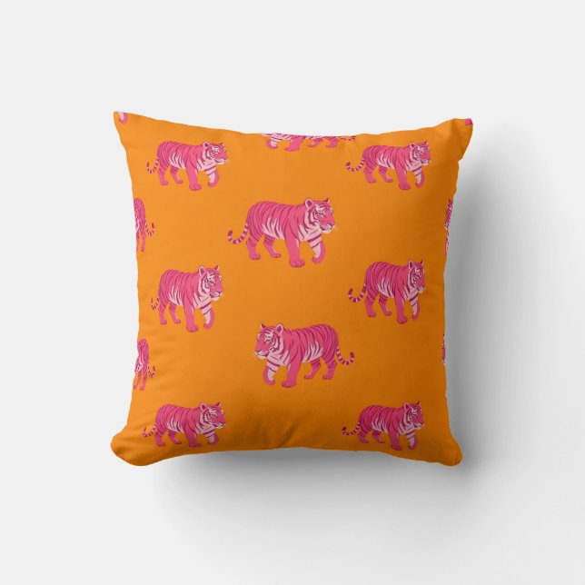 Hot Pink Tiger op vet Sinaasappel Boho Pattern Kussen (Voorkant)