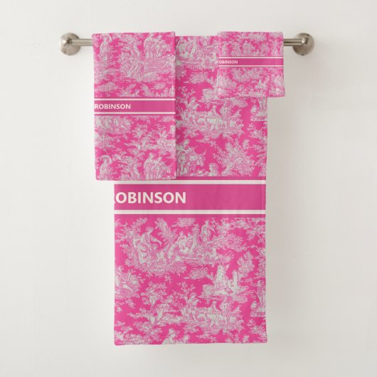  hot pink toile de jouy bedrukt bad handdoek (Insitu)