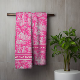  hot pink toile de jouy bedrukt bad handdoek