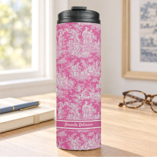 hot pink toile de jouy bedrukt thermosbeker