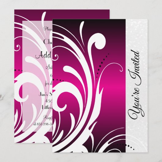 Hot Pink & Trendy Swirls Party Invitation Kaart (Voorkant / Achterkant)