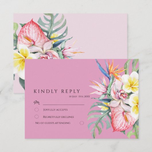 Hot Pink Tropical Floral Botanical Wedding Informatiekaartje (Voorkant / Achterkant)