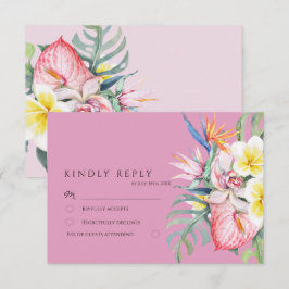 Hot Pink Tropical Floral Botanical Wedding RSVP Kaartje
