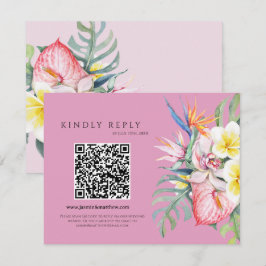 Hot Pink Tropical Floral Hawaii QR Code Wedding RSVP Kaartje