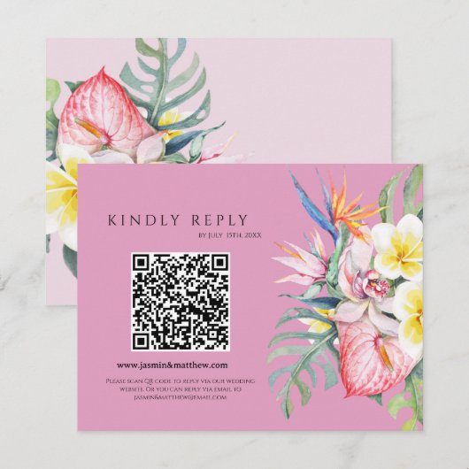 Hot Pink Tropical Floral Hawaii QR Code Wedding RSVP Kaartje (Voorkant / Achterkant)