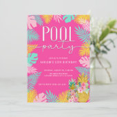Hot Pink Tropical Luau Pool Party Verjaardag Kaart (Staand voorkant)