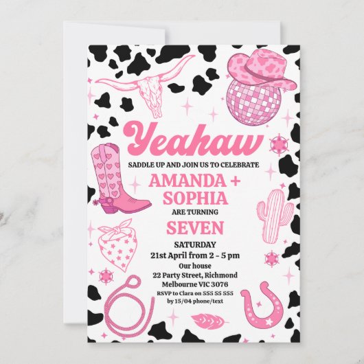 Hot Pink Twin Cowgirl Rodeo Westerne Disco Verjaar Kaart (Voorkant)