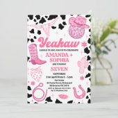 Hot Pink Twin Cowgirl Rodeo Westerne Disco Verjaar Kaart (Staand voorkant)