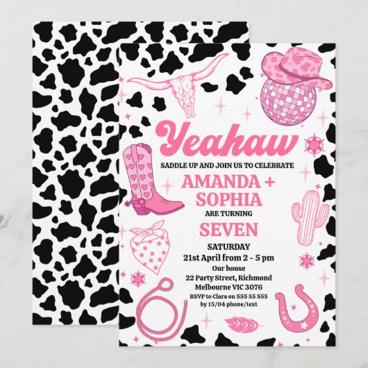 Hot Pink Twin Cowgirl Rodeo Westerne Disco Verjaar Kaart (Voorkant / Achterkant)