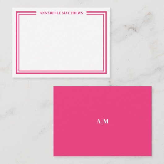 Hot Pink Two Border Minimalist Name Monogram Notitiekaartje (Voorkant / Achterkant)