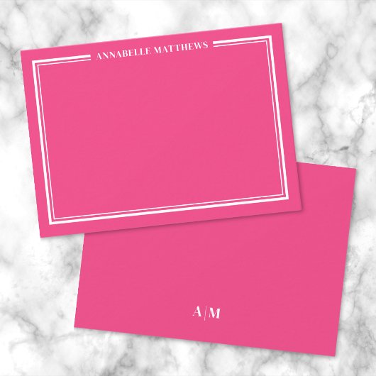 Hot Pink Two Border Minimalistische naam Monogram Notitiekaartje