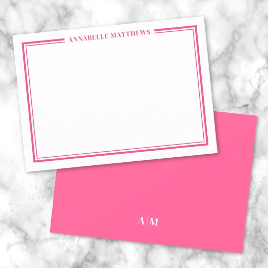 Hot Pink Two Border Minimalistische naam Monogram Notitiekaartje