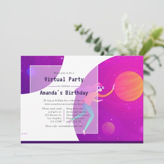 Hot-Pink Virtual Birthday Party uitnodiging (Staand voorkant)