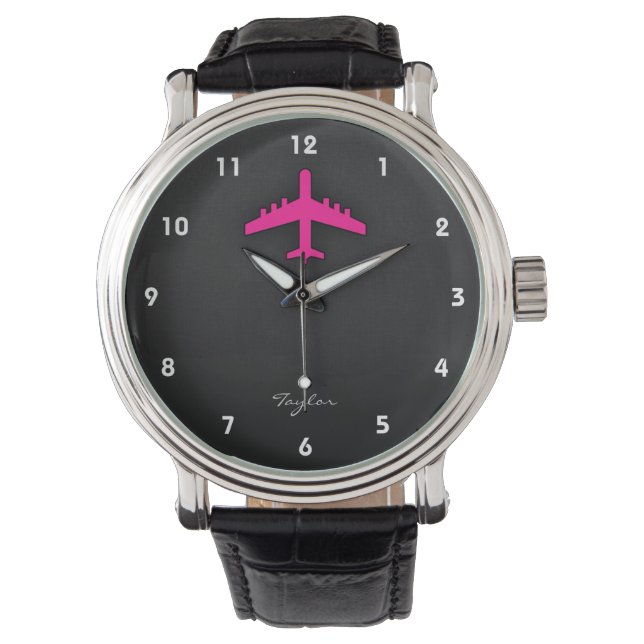 Hot Pink Vliegtuig Horloge (Voorkant)