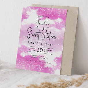 Hot Pink Waterverf Clouds Sweet 16 Party Kaart