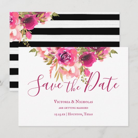 Hot Pink Waterverf Floral Save the Date Kaart (Voorkant / Achterkant)