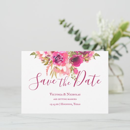 Hot Pink Waterverf Floral Save the Date Kaart (Staand voorkant)