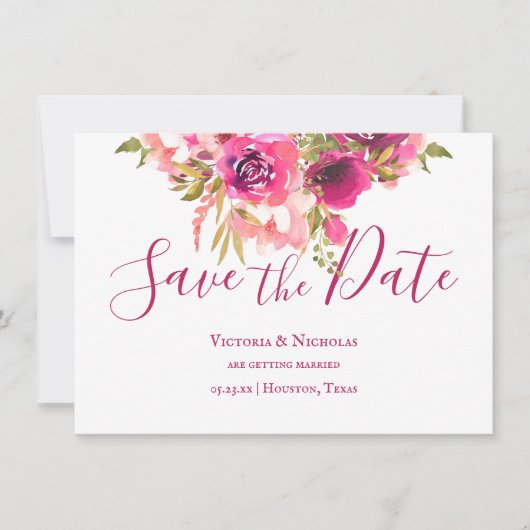 Hot Pink Waterverf Floral Save the Date Kaart (Voorkant)