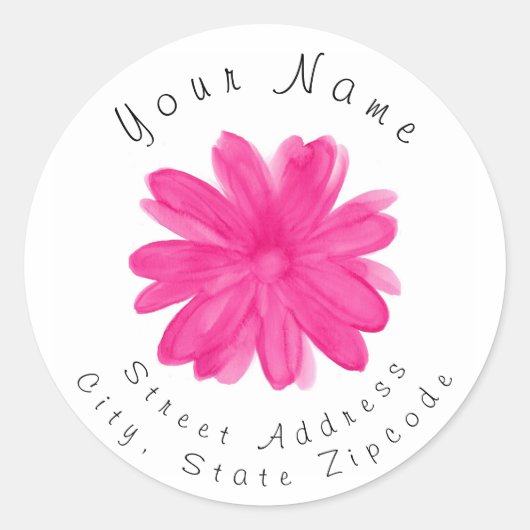 'Hot Pink Waterverf Flower 2'-adreslabel Ronde Sticker (Voorkant)