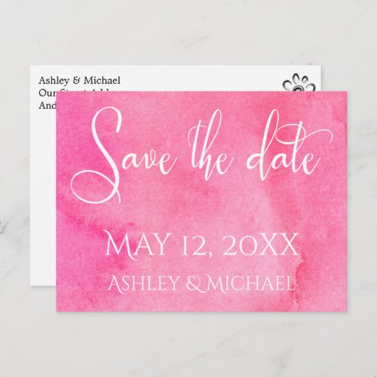 Hot Pink Waterverf Typografie Sla de datum 2 Aankondigingskaart (Voorkant / Achterkant)